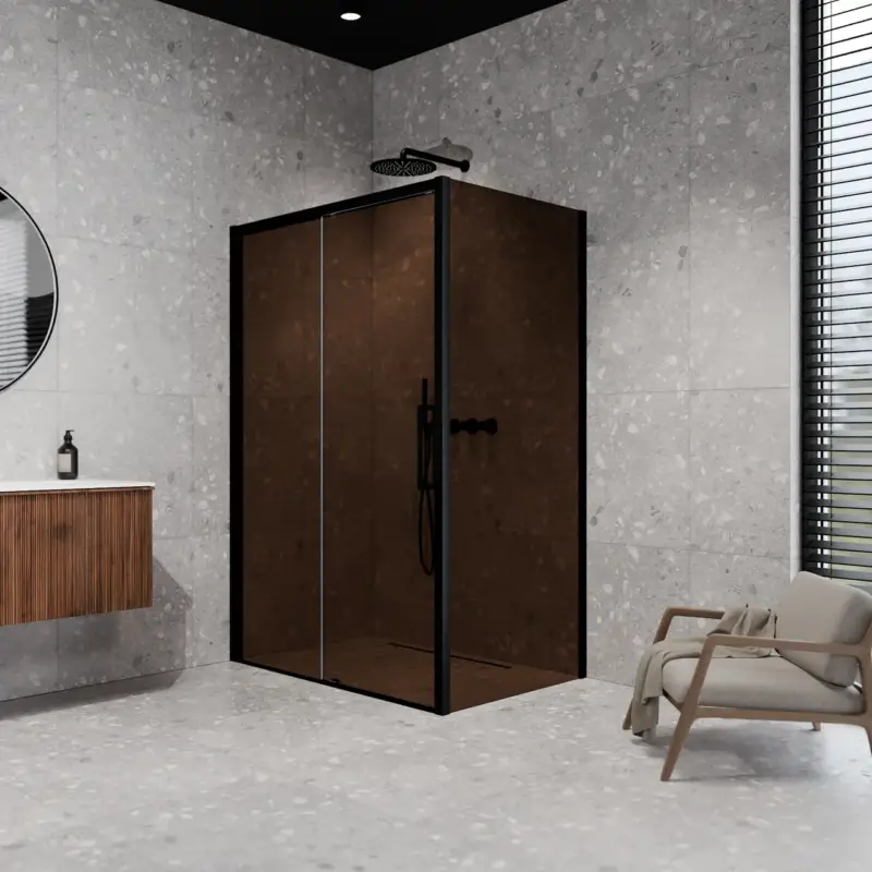 Sofort Bestellen Balmani Senses Design Eckdusche: Schiebetür (Links) mit fixierte Seitenwand, 140 x 80 cm, Bronze, Profil Schwarz matt