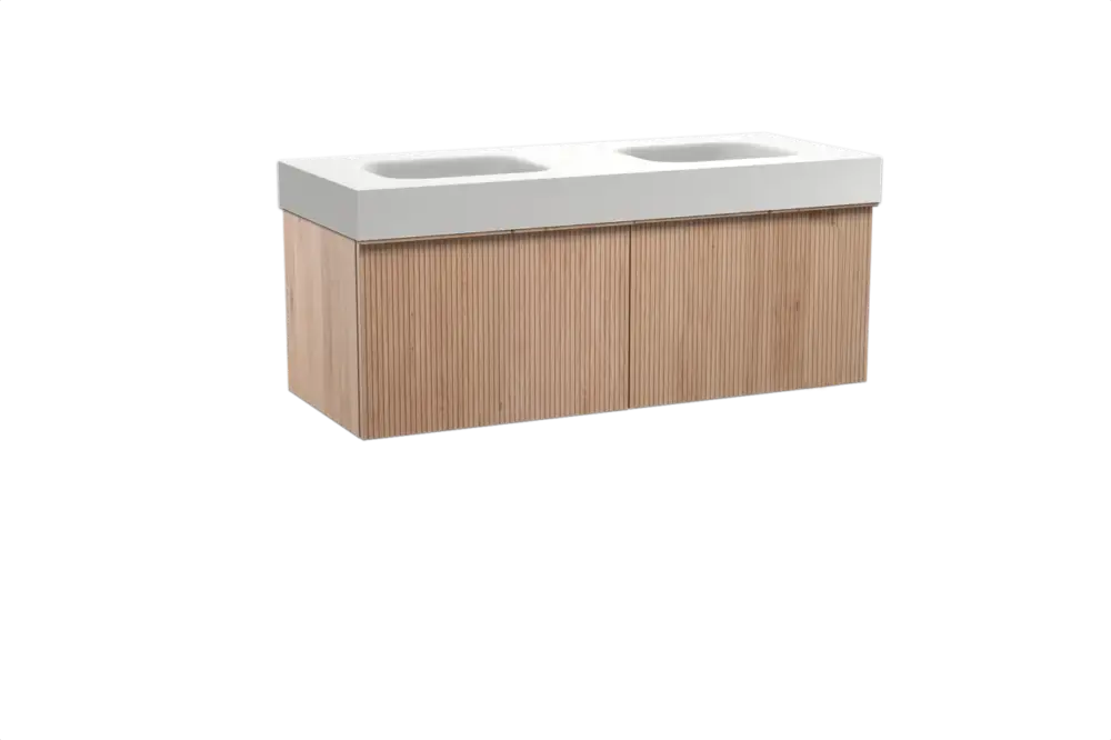 Mega-Angebot Balmani Forma hängendes Möbelstück Set: 135 x 55 cm, Naturbelassene Eiche, mit Arcato Doppelwaschtisch, Solid Surface, Weiß matt, Vertikale symmetrische gerade Rippe