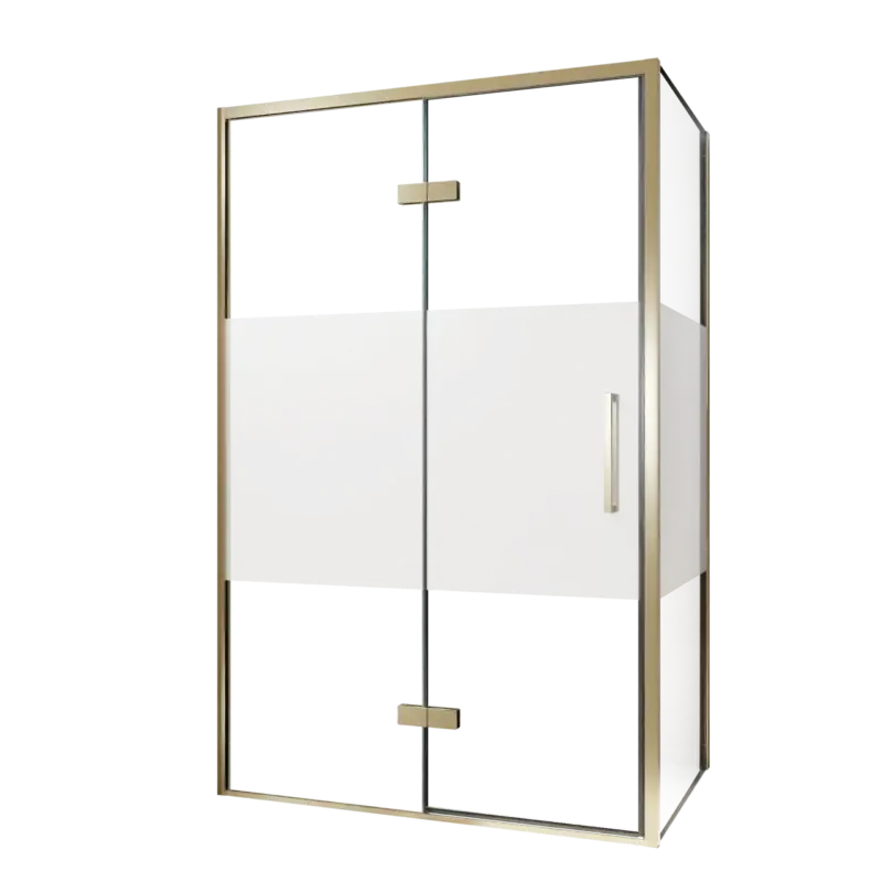 Balmani Senses Design Eckdusche: Drehtür (Links) mit fixierte Seitenwand, 120 x 80 cm, Klarglas mit mattiertem Streifen, Profil Brushed Champagner Gold, inklusive Coating Preisknaller