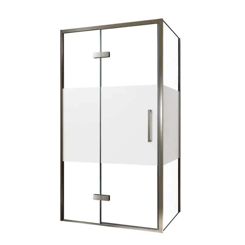 Zertifiziert Balmani Senses Design Eckdusche: Drehtür (Links) mit fixierte Seitenwand, 100 x 90 cm, Klarglas mit mattiertem Streifen, Profil Brushed GunMetal, inklusive Coating