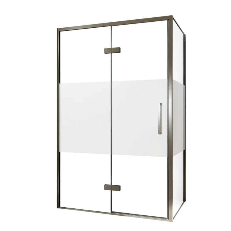 Preis Gesenkt Balmani Senses Design Eckdusche: Drehtür (Links) mit fixierte Seitenwand, 120 x 100 cm, Klarglas mit mattiertem Streifen, Profil Brushed GunMetal, inklusive Coating