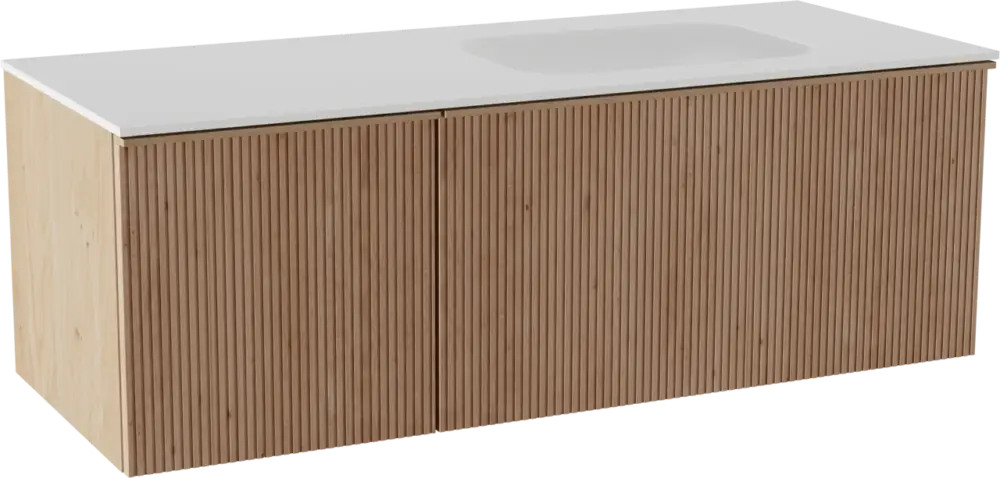 Balmani Forma hängendes Möbelstück Set: 135 x 55 cm, Naturbelassene Eiche, mit Tablo Arcato Waschtisch rechts, Solid Surface, Weiß matt, Vertikale symmetrische gerade Rippe Knallerangebot