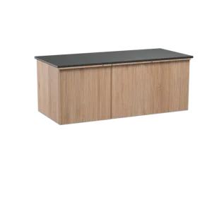 Abverkauf Balmani Forma hängendes Möbelstück Set: 120 x 55 cm, Naturbelassene Eiche, mit Stretto Einzel Waschtischplatte, Granit, Schwarzes Granit, Vertikale symmetrische gerade Rippe