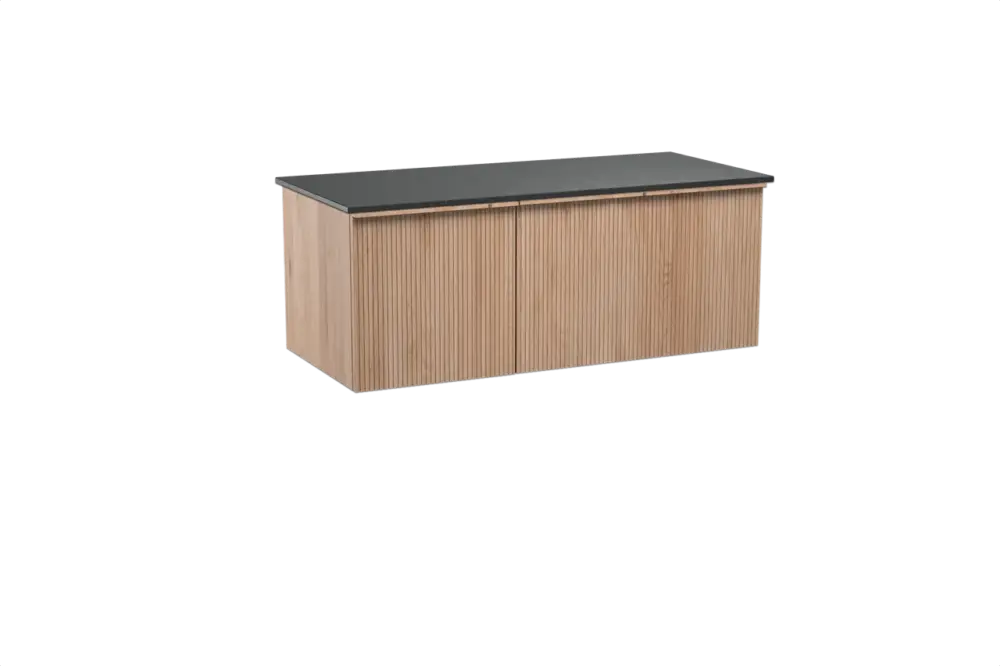 Abverkauf Balmani Forma hängendes Möbelstück Set: 120 x 55 cm, Naturbelassene Eiche, mit Stretto Einzel Waschtischplatte, Granit, Schwarzes Granit, Vertikale symmetrische gerade Rippe