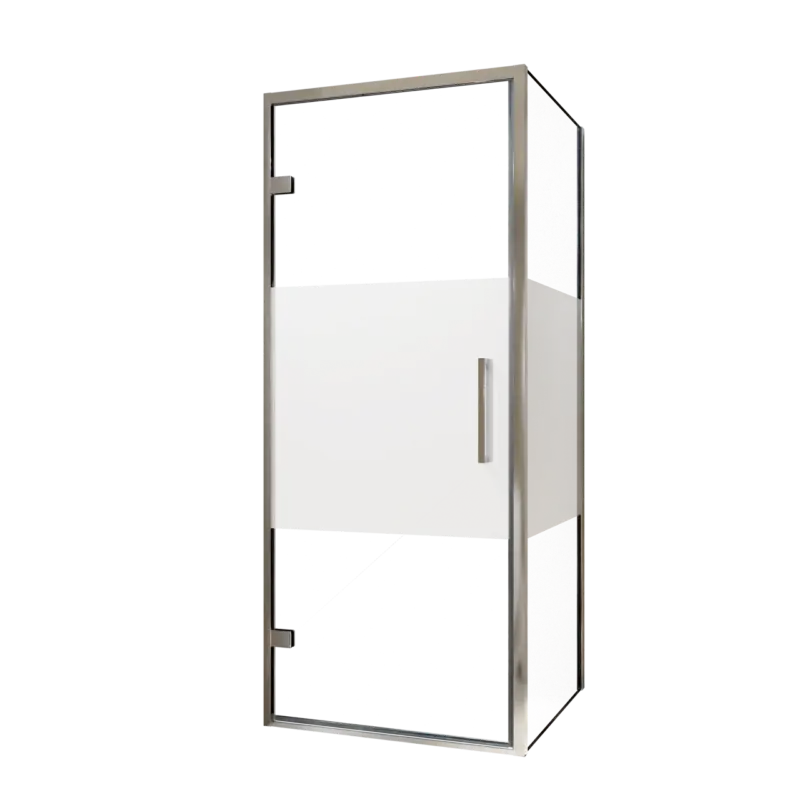Ausverkauf Balmani Senses Design Eckdusche: Drehtür (Links) mit fixierte Seitenwand, 90 x 100 cm, Klarglas mit mattiertem Streifen, Profil Chrom, inklusive Coating