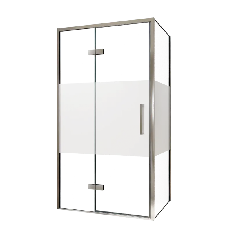 Ausverkauf Balmani Senses Design Eckdusche: Drehtür (Links) mit fixierte Seitenwand, 100 x 90 cm, Klarglas mit mattiertem Streifen, Profil Chrom, inklusive Coating