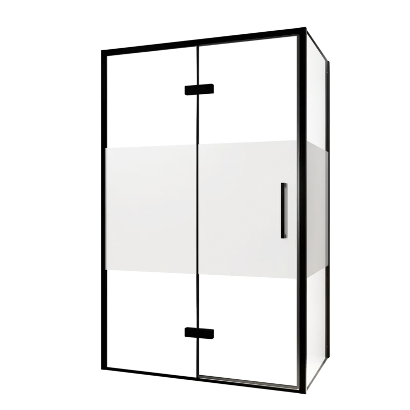 Aktuell Balmani Senses Design Eckdusche: Drehtür (Links) mit fixierte Seitenwand, 120 x 90 cm, Klarglas mit mattiertem Streifen, Profil Schwarz, inklusive Coating