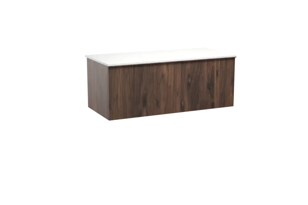 Ausverkauf Balmani Forma hängendes Möbelstück Set: 120 x 55 cm, Amerikanischer Nussbaum, mit Stretto Einzel- oder Doppel Waschtischplatte, Solid Surface, Weiß matt, Vertikale symmetrische gerade Rippe