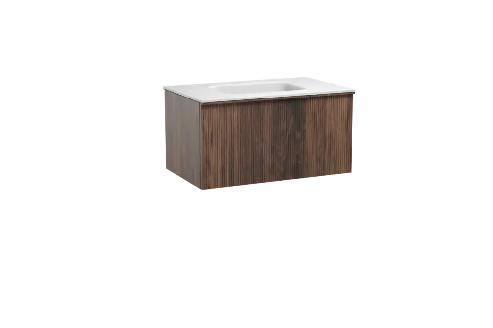 Balmani Forma hängendes Möbelstück Set: 90 x 55 cm, Amerikanischer Nussbaum, mit Tablo Arcato Einzelwaschtisch, Solid Surface, Weiß matt, Vertikale symmetrische gerade Rippe Aktuell