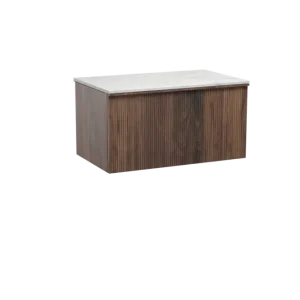Aktuell Balmani Forma hängendes Möbelstück Set: 90 x 55 cm, Amerikanischer Nussbaum, mit Stretto Einzel Waschtischplatte, Marmor, Carrara, Vertikale symmetrische gerade Rippe