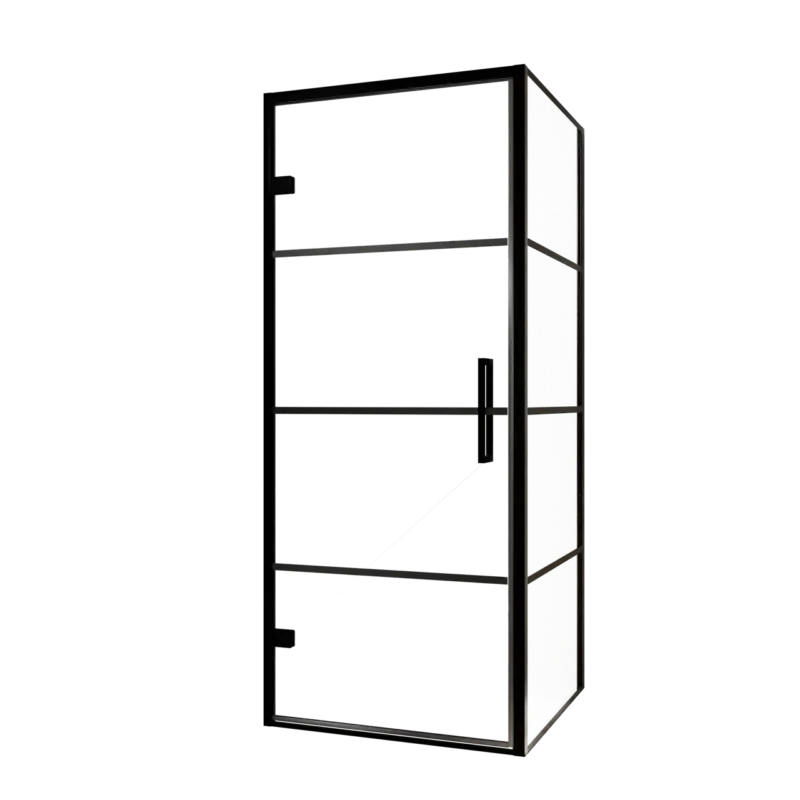Neue Kollektion Balmani Senses Design Eckdusche: Drehtür (Links) mit fixierte Seitenwand, 90 x 100 cm, Lined, Profil Schwarz, inklusive Coating