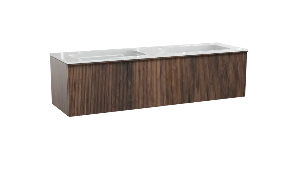 Schneller Versand Balmani Forma hängendes Möbelstück Set: 180 x 55 cm, Amerikanischer Nussbaum, mit Tablo Strada Doppelwaschtisch, Marmorkomposit, Weiß glänzend, Vertikale symmetrische gerade Rippe