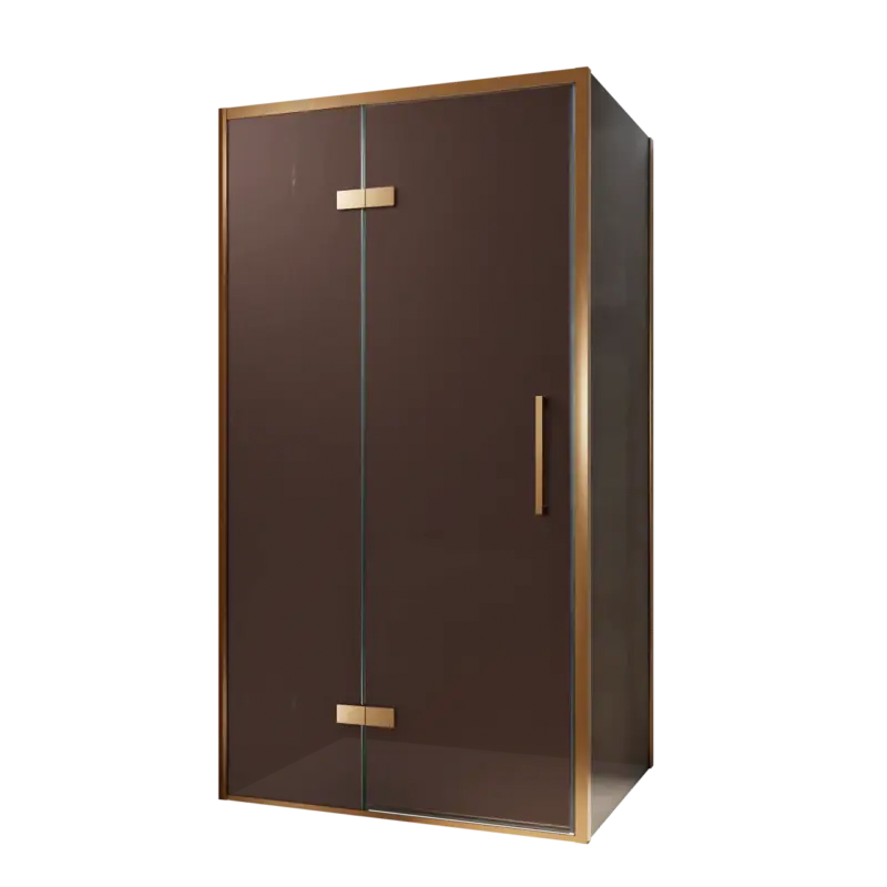 Ausverkauf Balmani Senses Design Eckdusche: Drehtür (Links) mit fixierte Seitenwand, 100 x 80 cm, Bronze, Profil Brushed Rosegold, inklusive Coating