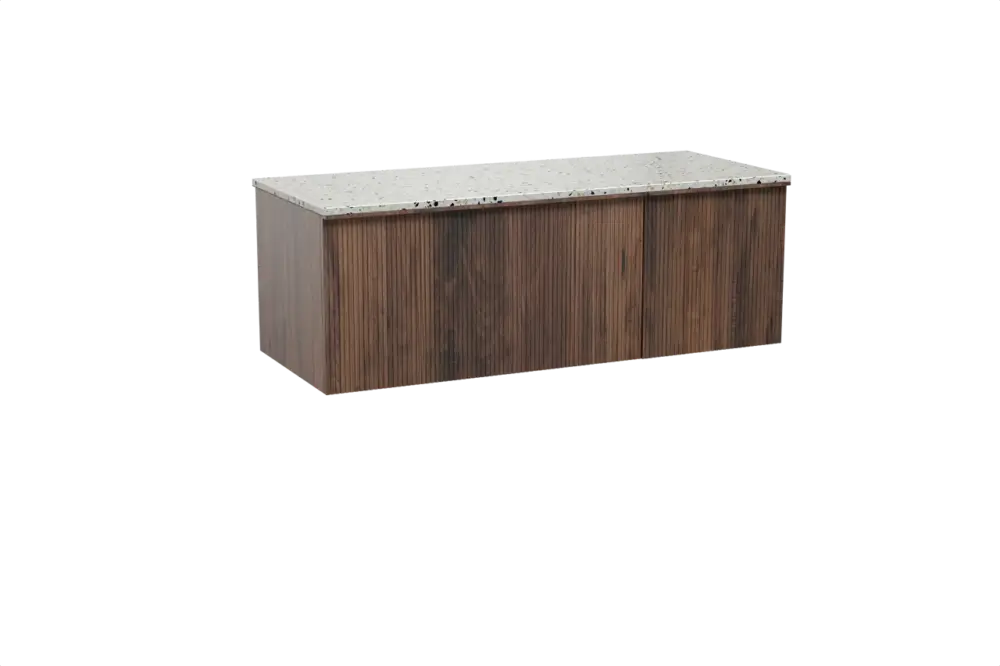 Angebot Balmani Forma hängendes Möbelstück Set: 135 x 55 cm, Amerikanischer Nussbaum, mit Stretto Einzel- oder Doppel Waschtischplatte, Terrazzo in Weiß/Schwarz matt, Vertikale symmetrische gerade Rippe