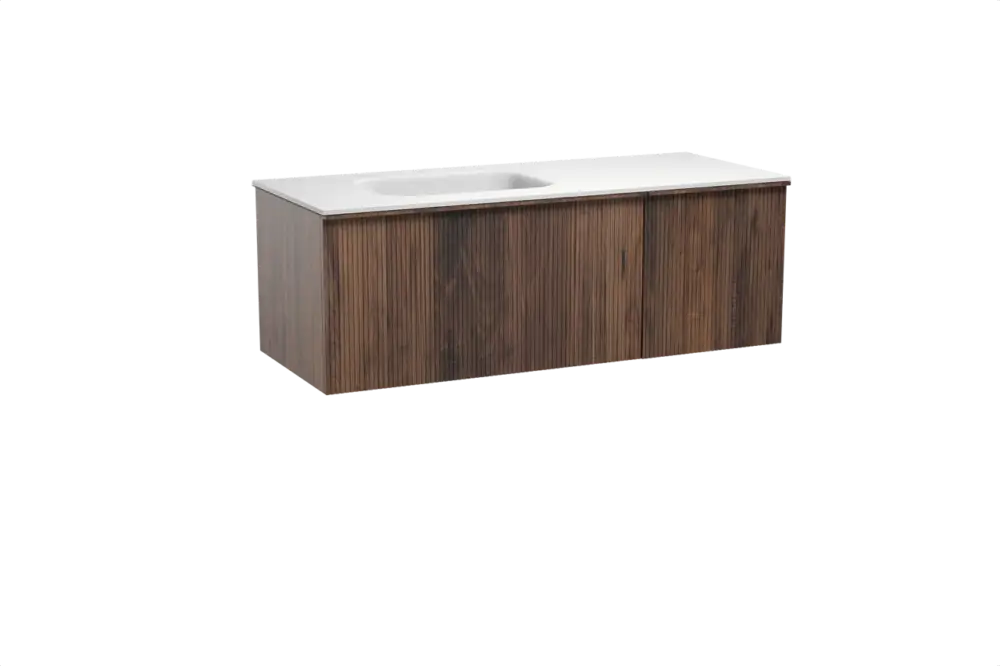 Balmani Forma hängendes Möbelstück Set: 135 x 55 cm, Amerikanischer Nussbaum, mit Tablo Arcato Waschtisch links, Solid Surface, Weiß matt, Vertikale symmetrische gerade Rippe Solange Der Vorrat Reicht
