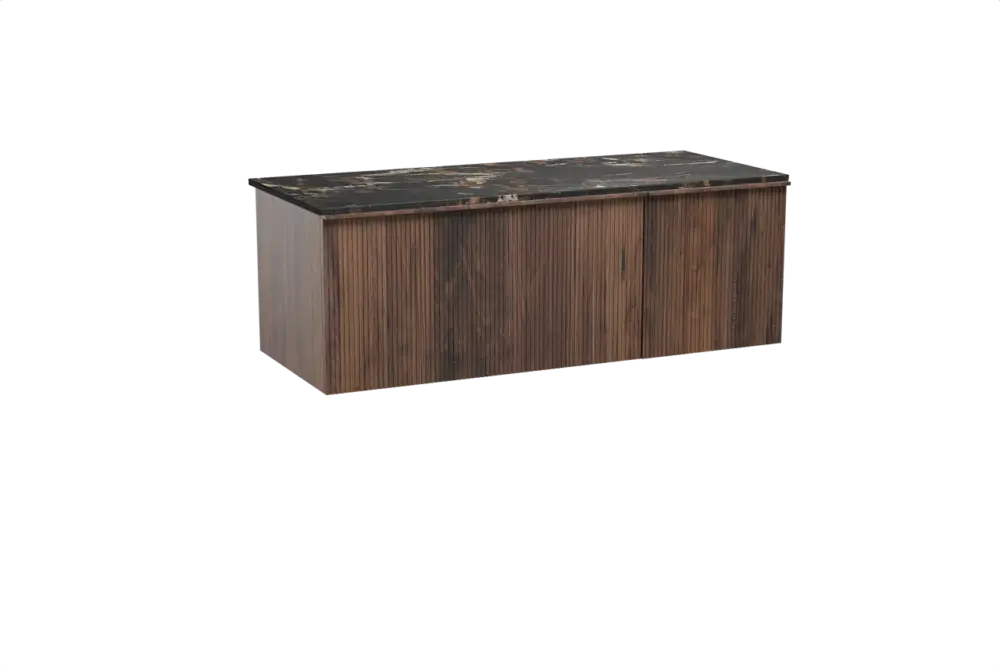 Begrenztes Angebot Balmani Forma hängendes Möbelstück Set: 135 x 55 cm, Amerikanischer Nussbaum, mit Stretto Einzel- oder Doppel Waschtischplatte, Marmor, Portoro Gold, Vertikale symmetrische gerade Rippe