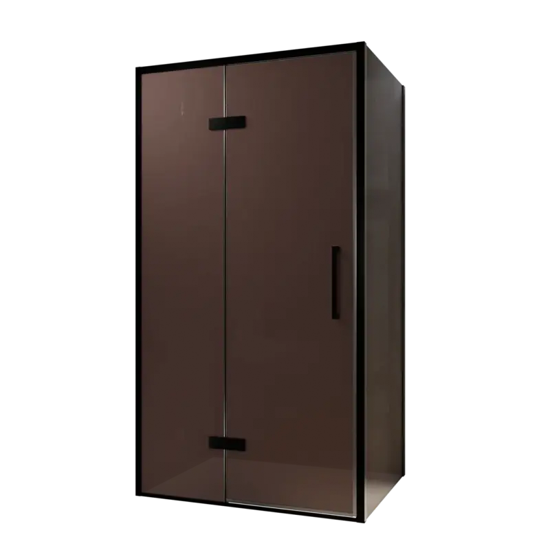 Sichere Zahlung Balmani Senses Design Eckdusche: Drehtür (Links) mit fixierte Seitenwand, 100 x 90 cm, Bronze, Profil Schwarz, inklusive Coating