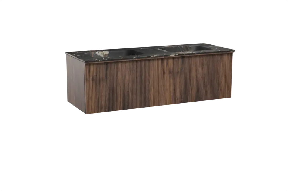 Abverkauf Balmani Forma hängendes Möbelstück Set: 150 x 55 cm, Amerikanischer Nussbaum, mit Tablo Arcato Doppelwaschtisch, Marmor, Portoro Gold, Vertikale symmetrische gerade Rippe