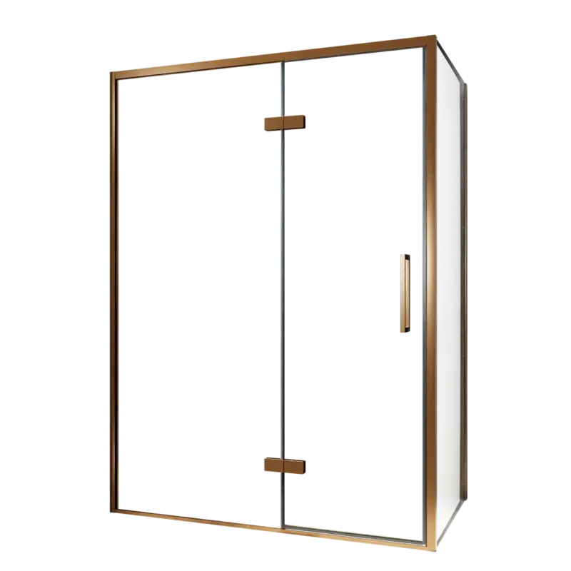 Ausverkauf Balmani Senses Design Eckdusche: Drehtür (Links) mit fixierte Seitenwand, 140 x 90 cm, Klarglas, Profil Brushed Rosegold, inklusive Coating