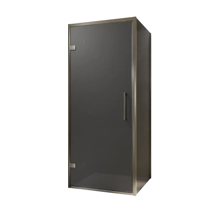 Zertifiziert Balmani Senses Design Eckdusche: Drehtür (Links) mit fixierte Seitenwand, 90 x 80 cm, Rauchglas, Profil Brushed GunMetal, inklusive Coating