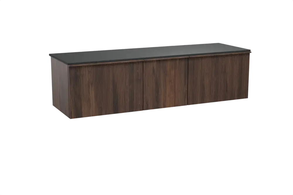 Abverkauf Balmani Forma hängendes Möbelstück Set: 180 x 55 cm, Amerikanischer Nussbaum, mit Stretto Einzel- oder Doppel Waschtischplatte, Granit, Schwarzes Granit, Vertikale symmetrische gerade Rippe