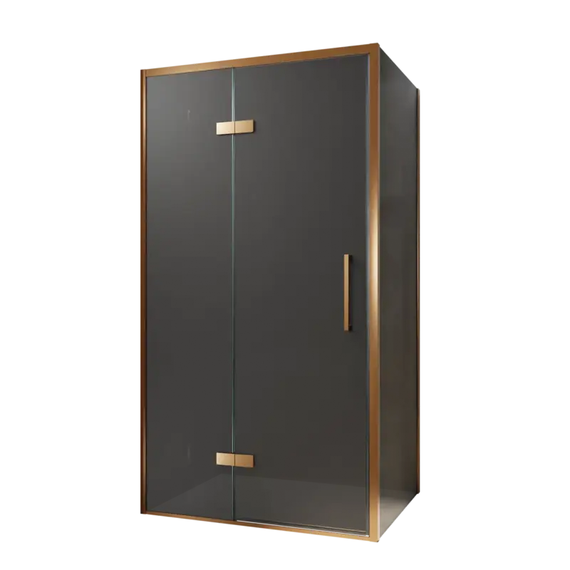 Balmani Senses Design Eckdusche: Drehtür (Links) mit fixierte Seitenwand, 100 x 90 cm, Rauchglas, Profil Brushed Rosegold, inklusive Coating Preisreduziert