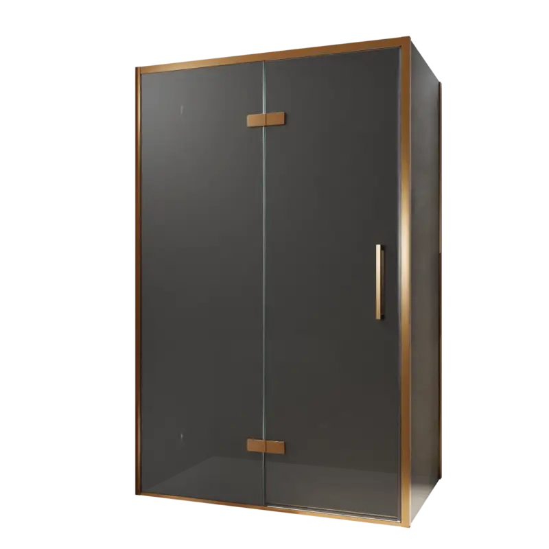 Ausverkauf Balmani Senses Design Eckdusche: Drehtür (Links) mit fixierte Seitenwand, 120 x 80 cm, Rauchglas, Profil Brushed Rosegold, inklusive Coating