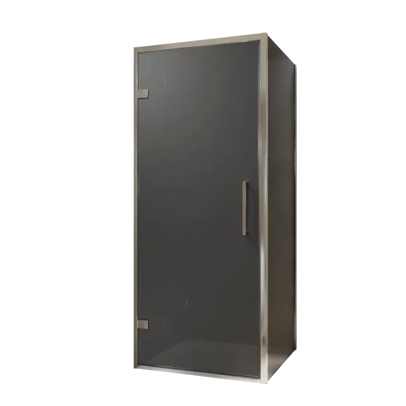 Top-Preis Balmani Senses Design Eckdusche: Drehtür (Links) mit fixierte Seitenwand, 90 x 80 cm, Rauchglas, Profil Chrom, inklusive Coating