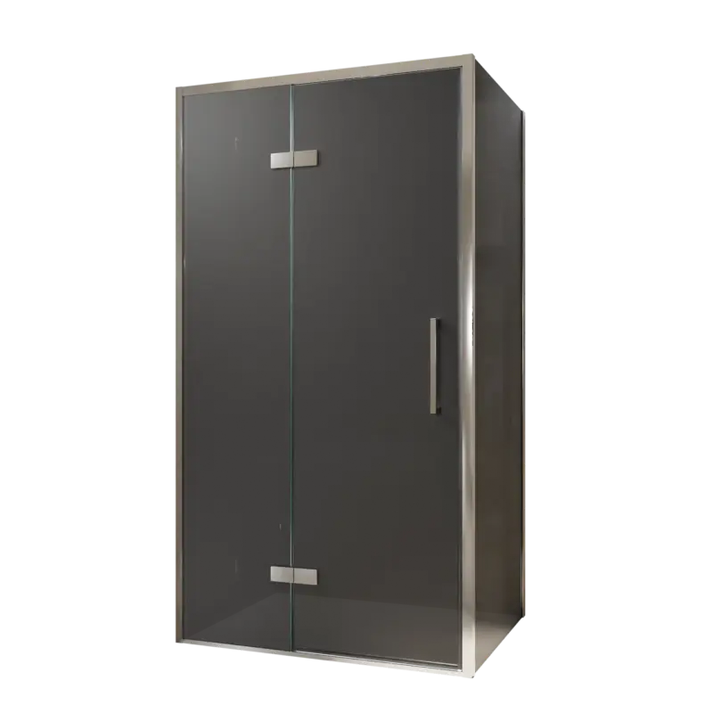 Angebot Balmani Senses Design Eckdusche: Drehtür (Links) mit fixierte Seitenwand, 100 x 80 cm, Rauchglas, Profil Chrom, inklusive Coating