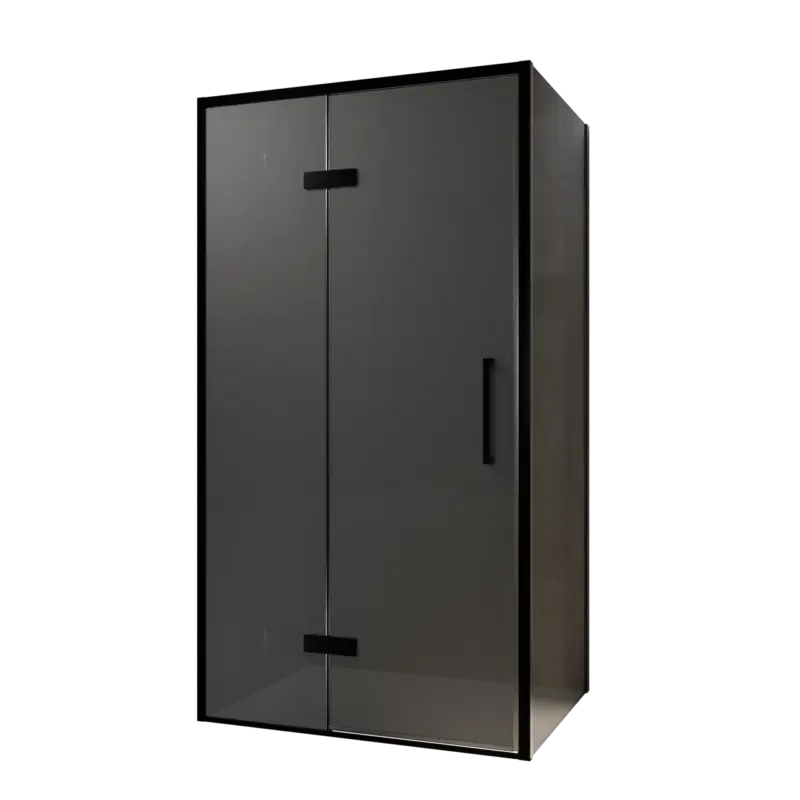 Mega-Angebot Balmani Senses Design Eckdusche: Drehtür (Links) mit fixierte Seitenwand, 100 x 80 cm, Rauchglas, Profil Schwarz, inklusive Coating