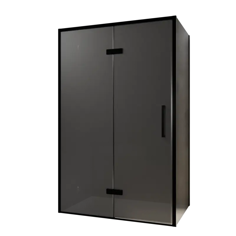 Abverkauf Balmani Senses Design Eckdusche: Drehtür (Links) mit fixierte Seitenwand, 120 x 90 cm, Rauchglas, Profil Schwarz, inklusive Coating