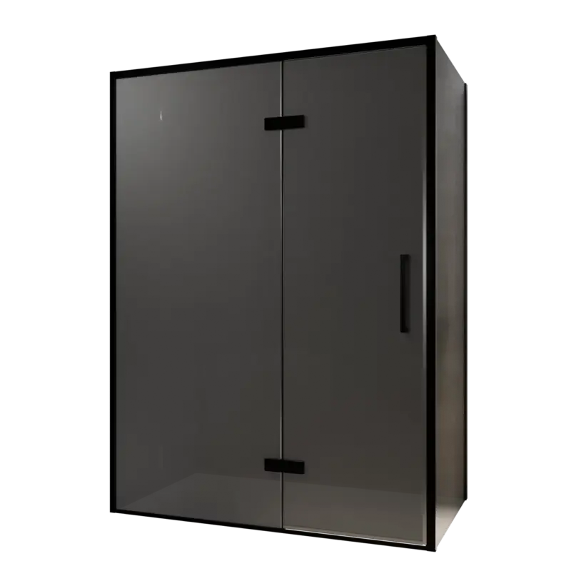 Aktuell Balmani Senses Design Eckdusche: Drehtür (Links) mit fixierte Seitenwand, 140 x 100 cm, Rauchglas, Profil Schwarz, inklusive Coating