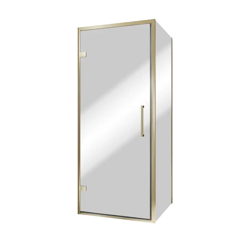 Balmani Senses Design Eckdusche: Drehtür (Links) mit fixierte Seitenwand, 90 x 80 cm, Reflex-Spiegelglas, Profil Brushed Champagner Gold, inklusive Coating Highlight