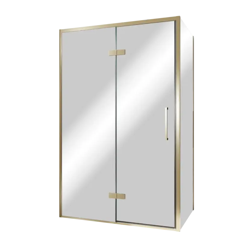 Aktuell Balmani Senses Design Eckdusche: Drehtür (Links) mit fixierte Seitenwand, 120 x 80 cm, Reflex-Spiegelglas, Profil Brushed Champagner Gold, inklusive Coating
