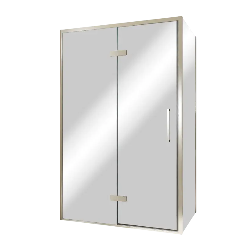 Ausverkauf Balmani Senses Design Eckdusche: Drehtür (Links) mit fixierte Seitenwand, 120 x 80 cm, Reflex-Spiegelglas, Profil Brushed CoolMetal, inklusive Coating