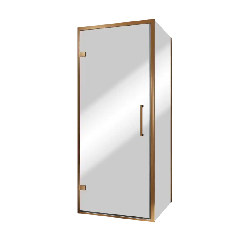 Ausverkauf Balmani Senses Design Eckdusche: Drehtür (Links) mit fixierte Seitenwand, 90 x 90 cm, Reflex-Spiegelglas, Profil Brushed Rosegold, inklusive Coating