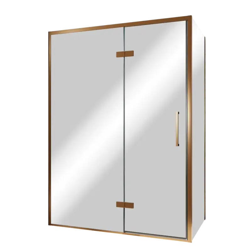 Ausverkauf Balmani Senses Design Eckdusche: Drehtür (Links) mit fixierte Seitenwand, 140 x 90 cm, Reflex-Spiegelglas, Profil Brushed Rosegold, inklusive Coating