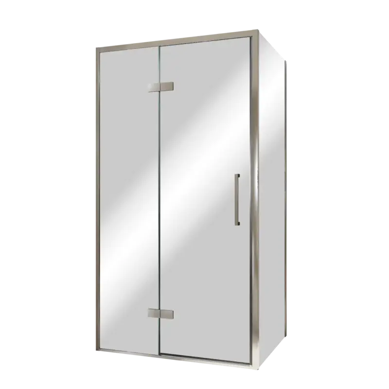 Zertifiziert Balmani Senses Design Eckdusche: Drehtür (Links) mit fixierte Seitenwand, 100 x 90 cm, Reflex-Spiegelglas, Profil Chrom, inklusive Coating