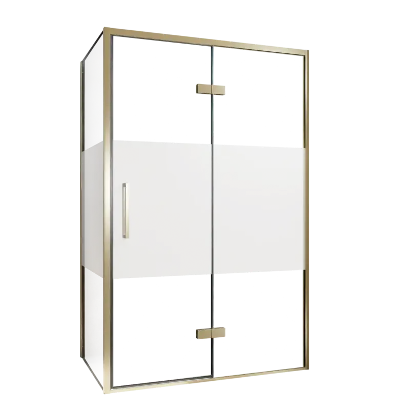 Ausverkauf Balmani Senses Design Eckdusche: Drehtür (Rechts) mit fixierte Seitenwand, 120 x 90 cm, Klarglas mit mattiertem Streifen, Profil Brushed Champagner Gold, inklusive Coating