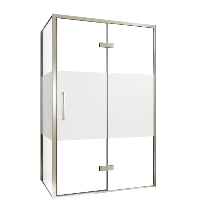 Abverkauf Balmani Senses Design Eckdusche: Drehtür (Rechts) mit fixierte Seitenwand, 120 x 90 cm, Klarglas mit mattiertem Streifen, Profil Brushed CoolMetal, inklusive Coating