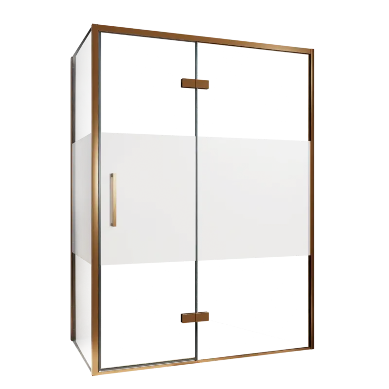 Zertifiziert Balmani Senses Design Eckdusche: Drehtür (Rechts) mit fixierte Seitenwand, 140 x 90 cm, Klarglas mit mattiertem Streifen, Profil Brushed Rosegold, inklusive Coating