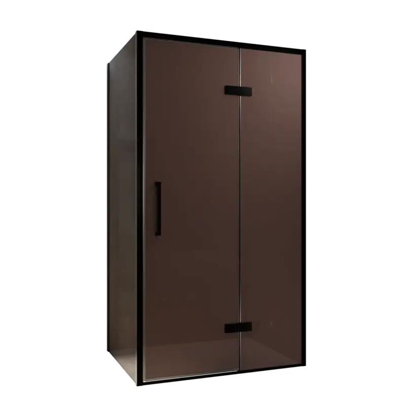 Zertifiziert Balmani Senses Design Eckdusche: Drehtür (Rechts) mit fixierte Seitenwand, 100 x 100 cm, Bronze, Profil Schwarz, inklusive Coating
