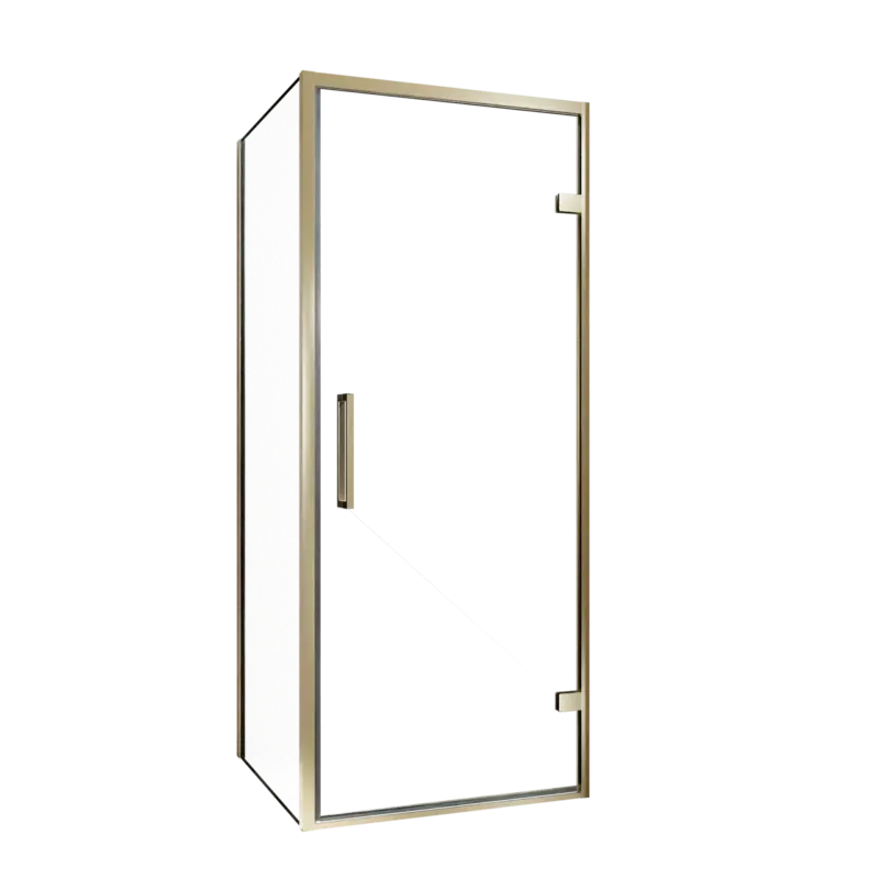 Aktuell Balmani Senses Design Eckdusche: Drehtür (Rechts) mit fixierte Seitenwand, 90 x 90 cm, Klarglas, Profil Brushed Champagner Gold, inklusive Coating
