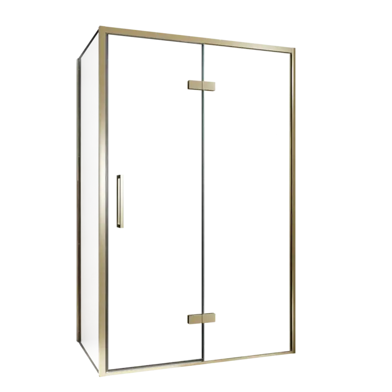 Abverkauf Balmani Senses Design Eckdusche: Drehtür (Rechts) mit fixierte Seitenwand, 120 x 100 cm, Klarglas, Profil Brushed Champagner Gold, inklusive Coating
