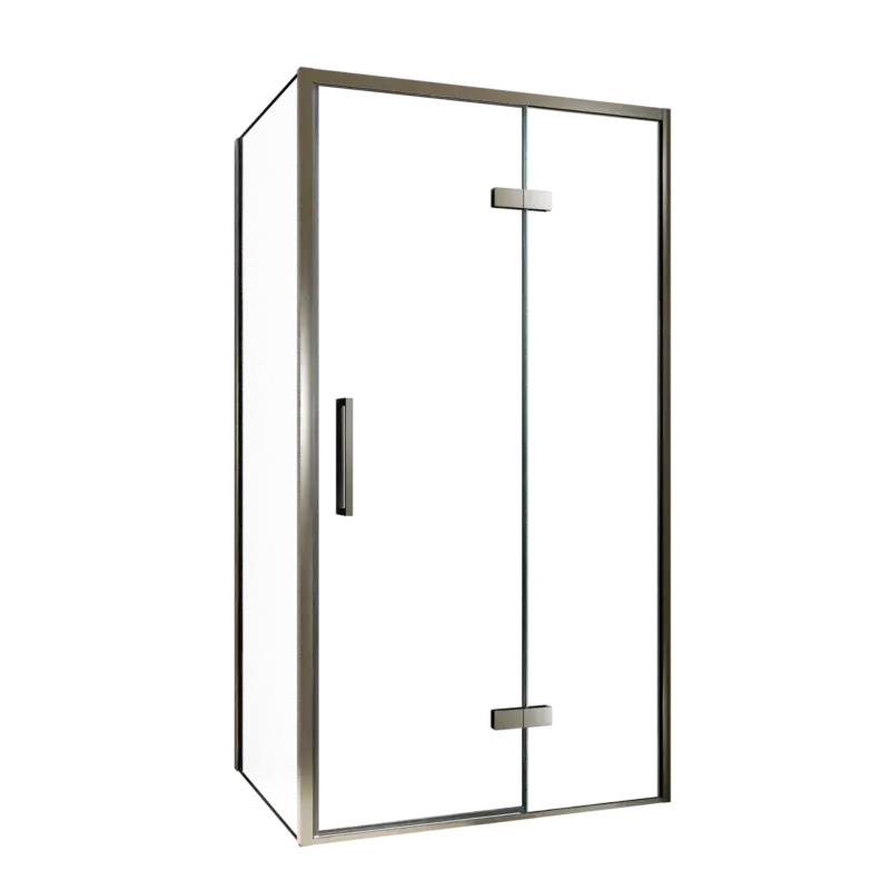 Aktuell Balmani Senses Design Eckdusche: Drehtür (Rechts) mit fixierte Seitenwand, 100 x 100 cm, Klarglas, Profil Brushed GunMetal, inklusive Coating