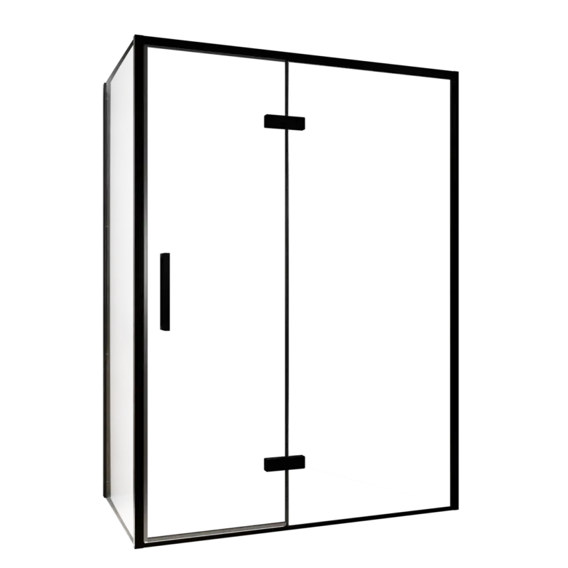 Balmani Senses Design Eckdusche: Drehtür (Rechts) mit fixierte Seitenwand, 140 x 80 cm, Klarglas, Profil Schwarz, inklusive Coating Neue Ware