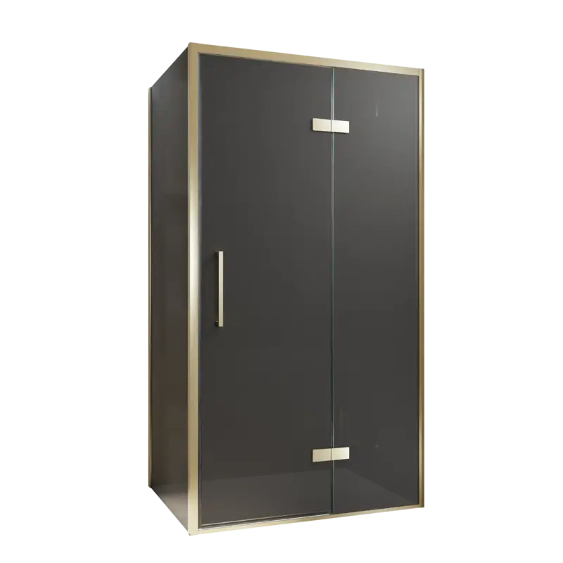 Preiswert Balmani Senses Design Eckdusche: Drehtür (Rechts) mit fixierte Seitenwand, 100 x 80 cm, Rauchglas, Profil Brushed Champagner Gold, inklusive Coating
