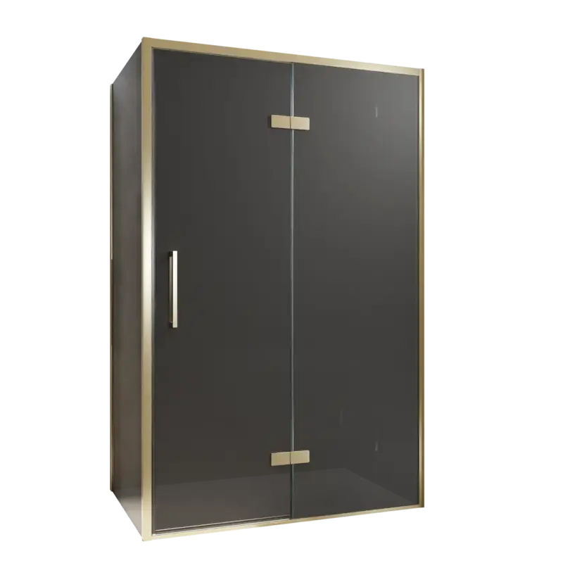 Zertifiziert Balmani Senses Design Eckdusche: Drehtür (Rechts) mit fixierte Seitenwand, 120 x 80 cm, Rauchglas, Profil Brushed Champagner Gold, inklusive Coating