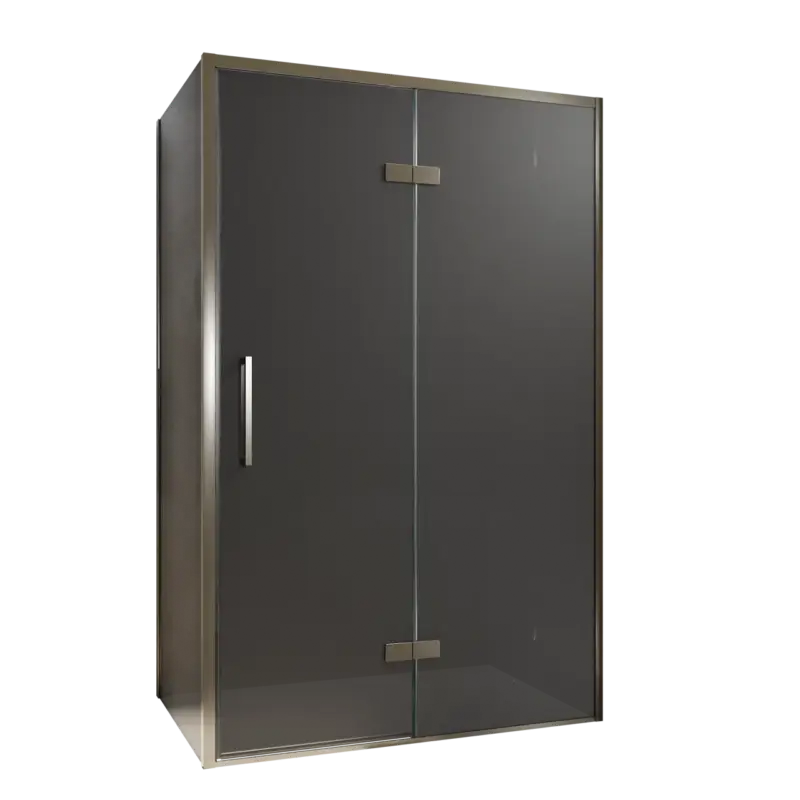Balmani Senses Design Eckdusche: Drehtür (Rechts) mit fixierte Seitenwand, 120 x 80 cm, Rauchglas, Profil Brushed GunMetal, inklusive Coating Neu