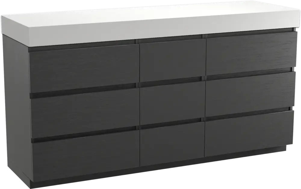Balmani Lucida freistehendes Möbelstück Set: 180 x 55 cm, Schwarze Eiche, mit Dominus Einzel- oder Doppel Waschtischplatte, Solid Surface Weiß matt Neue Kollektion
